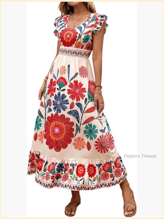 Dresses & Skirts - Boho Floral Maxi Dress V Neck Ruffle Cap Sleeve Flowy Sundress Summer